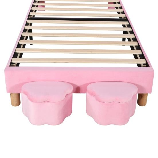 Polsterbett 90x200, mit zwei Stauraumhockern, LED-Nachttischleuchte, Ausklappbare Hasenohren, Ohne Matratze, Jugendbett, Lattenrost, Höhenverstellbar