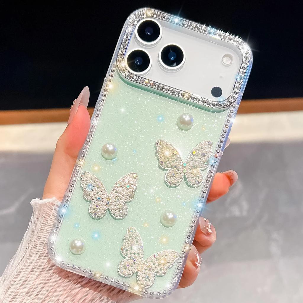 Jewelled Border Pearl Butterfly Glitter Phone Case for IPhone 17 Air 16E 17 16 15 14 13 Pro Max Transparent Cover