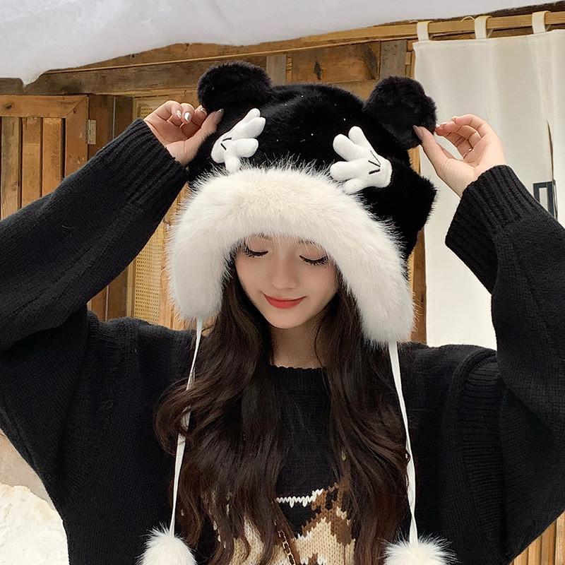 

Winter Girls Cute Plush Bear Hat With Earmuff For Outdoor Warmth Protection чорний