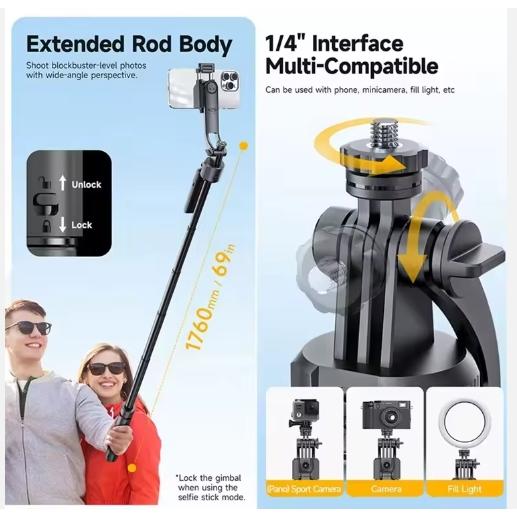 TT07 Telescopic Selfie Stick 1760mm Tripod with AI Face Tracking 360 Degrees Rotation Wireless Remote Control for Phone