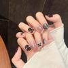 10Pcs Short Round French Press On Nails Black Hand Painted Star Rhinestone Detachable Fake Nail Art Set