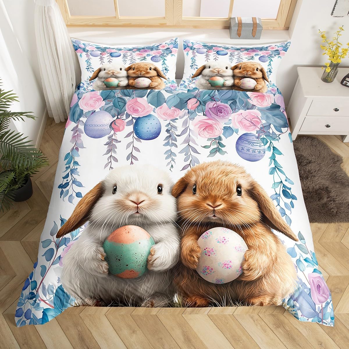

Easter Rose Rabbit Duvet Cover Cute Bunny Happy Easter Bedding Set Full for Kids Boys GirlsRustic Flower Animal Comforter Cover EU Single(135x200cm)
