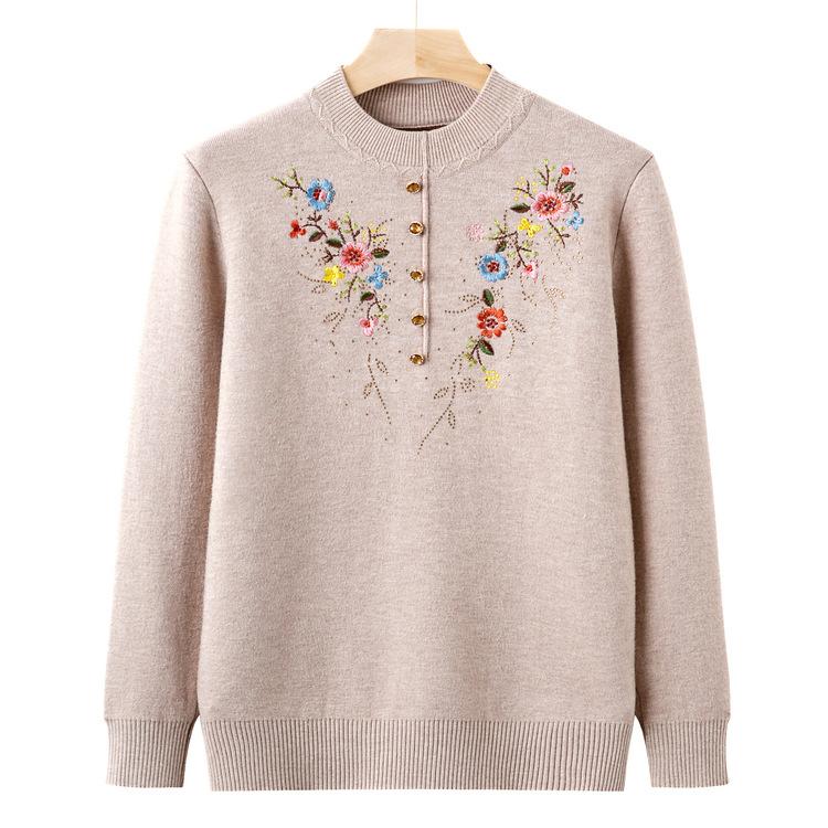 Women's Clothing, Autumn and Winter New Sweater Base Shirt, Grandma's Clothing, Integrated Velvet Sweater, Embroidered Fashionable Mother's Clothing