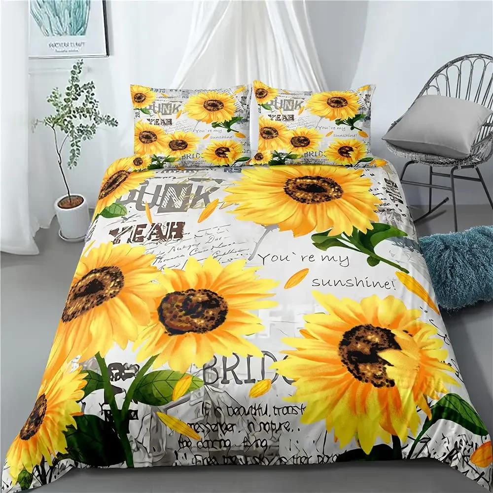 Yellow Flower Duvet Cover Set Sunflower Bedclothes Sunflower Fields With Sunset Printed Botanical Flowers Polyester Bedding Set