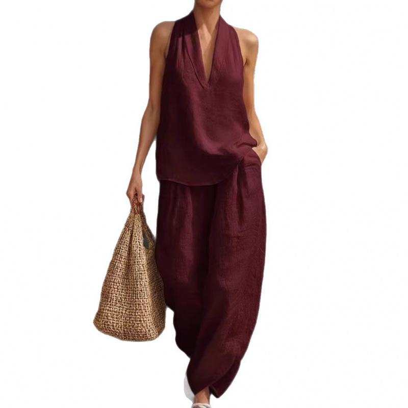2026 Summer Women's Solid Color Halter Neck V-Neck Sleeveless Casual Suit