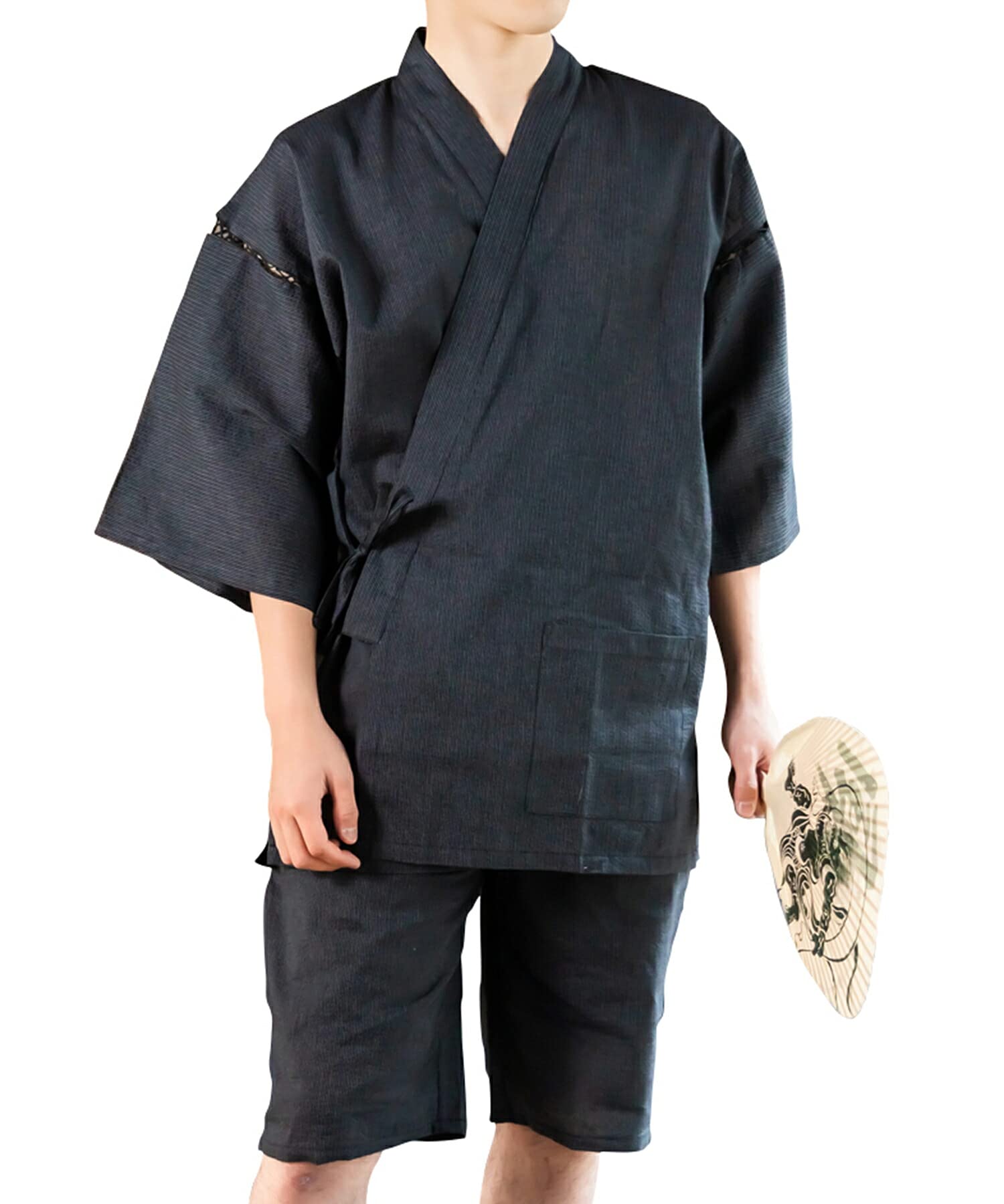 

[KIMONOMACHI] Kyoto Kimonomachi Original Men s Jinbei, Ink Black Stripes, Cotton and Linen, Size LL, Father s Day Gift, Loungewear, Plus Size