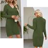 BITCED Damen Einfarbiges V-Ausschnitt Longline Wollmischstrickkleid Herbst/Winter Modische Eleganz Zopfmuster Basisschicht Strickkleid