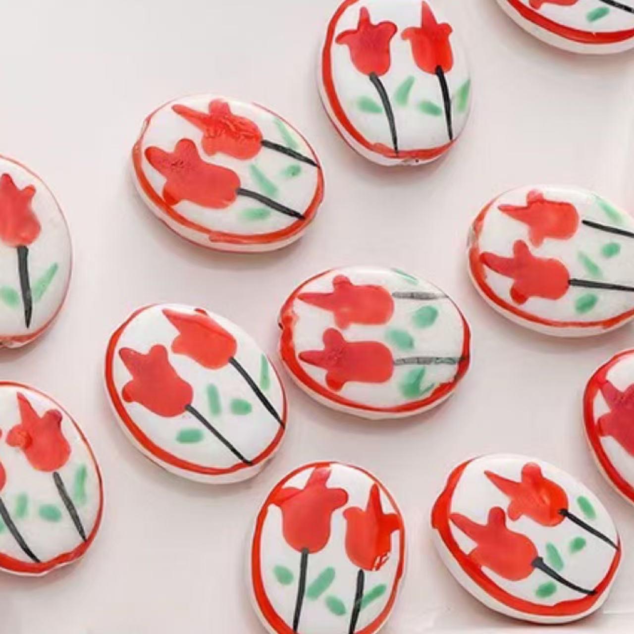 Hand-Painted Ceramic Tulip Flower Oval Beads for DIY Jewelry Accessories Hand-painted Tulip Ceramic Bead