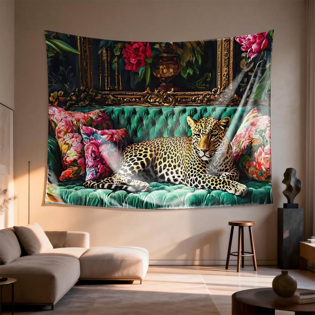 Leopard Sofa Tapestry  Floral Background Realistic Art Polyester 5161 in for Bedroom or Dorm