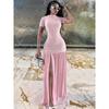 2026 European Women's Slim Fit Patchwork Dress - Fashionable Summer Round Neck with Slit