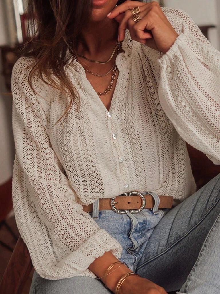 Spring New Loose Fashion Versatile Hollow Lace V-Neck One-Button Pleated Long Sleeve Shirt