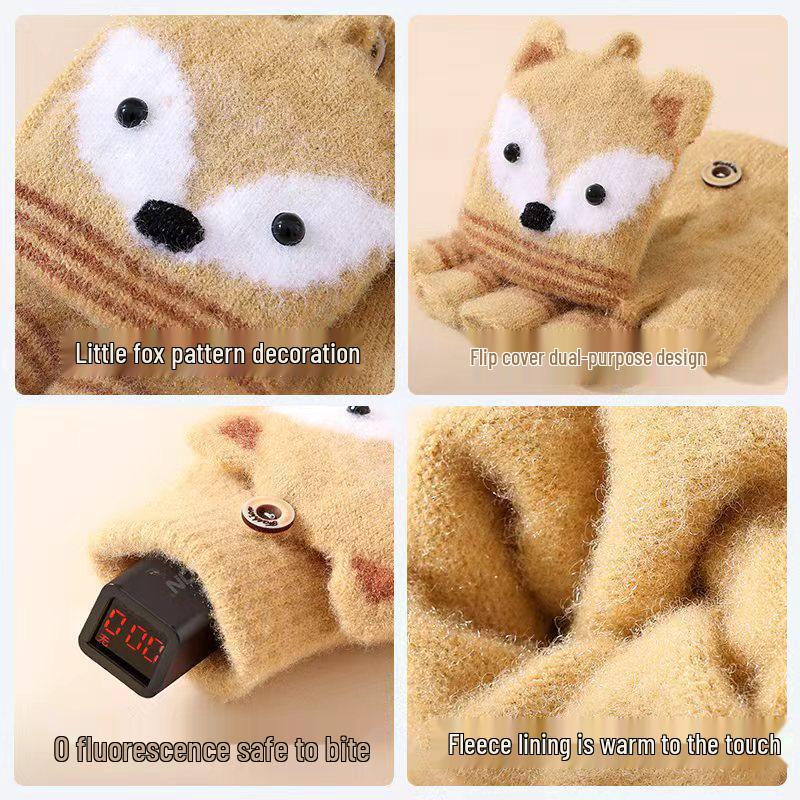 Kids' Cute Flip-Top Fingerless Fox Gloves - Warm Cartoon Design for Autumn and Winter