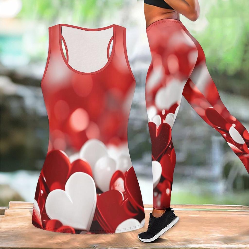 Completo Yoga Stampato a Forma di Cuore per Donna Moda Leggings da Allenamento Fitness Sportivo Set Yoga Casual Tuta Sportiva Esclusiva per San Valentino