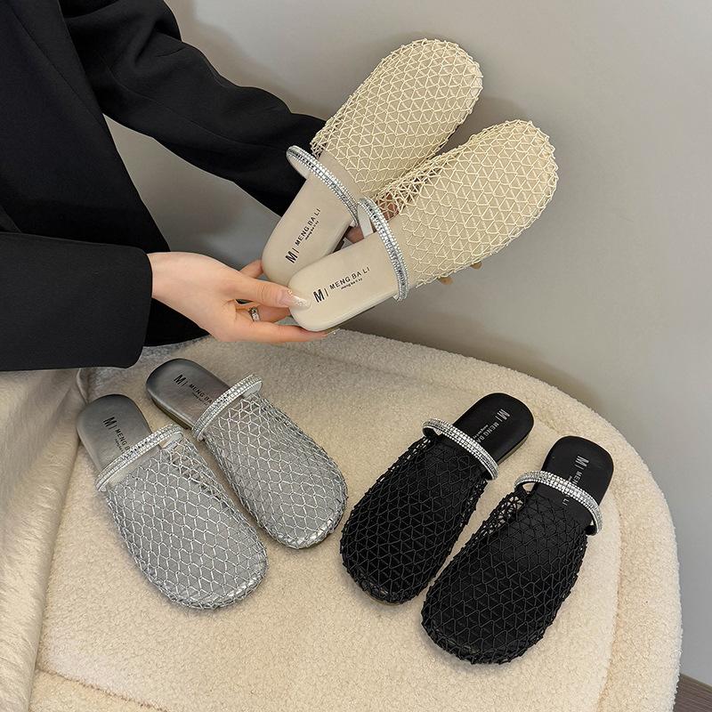 2025 Summer New Fishing Net Surface Hollow Rhinestone Bag Head Half Slippers Women Wear Flat Casual Beach Cool Slippers