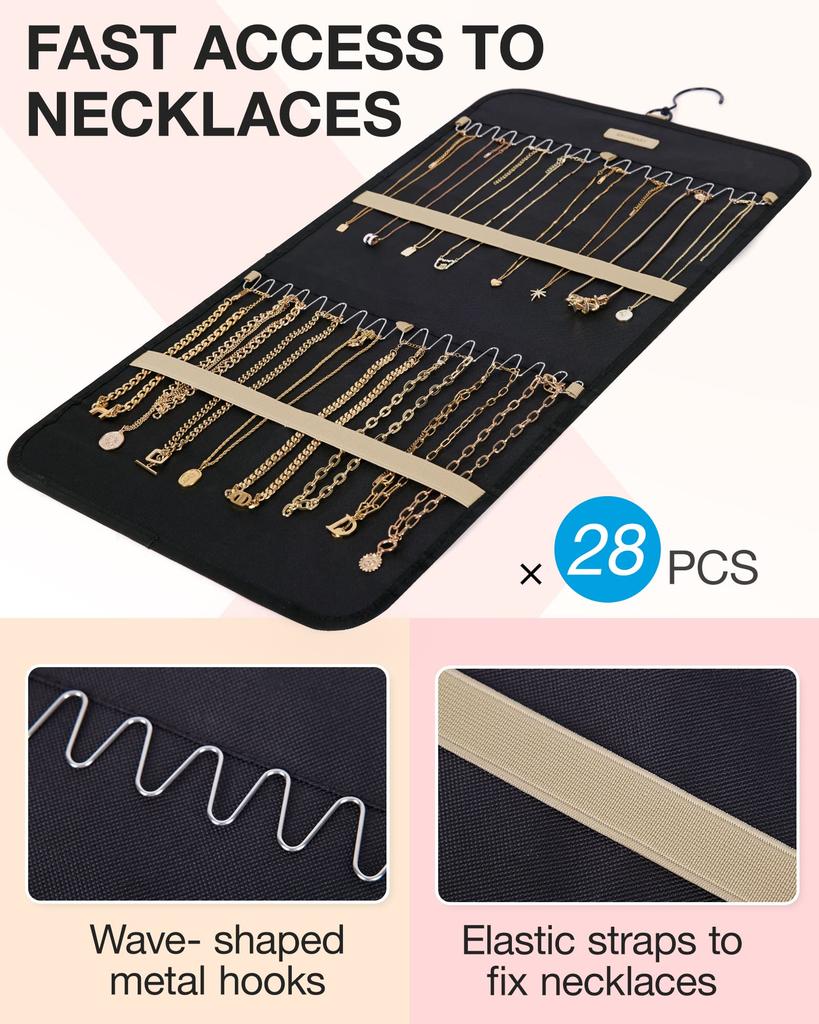 BAGSMART Hanging Jewelry Storage Roll with Metal Jewelry Holder for Medium Black Organizer, Hanger, Hook, Double-Sided Earrings, Necklaces, Rings,