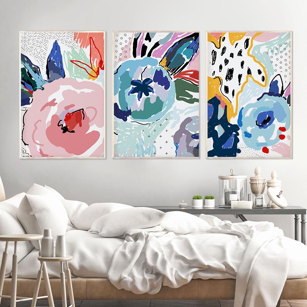 Bright Flower Drawing Wall Art Canvas Painting Abstract Colorful Floral Posters And Prints Nordic Pictures For Living Room Decor