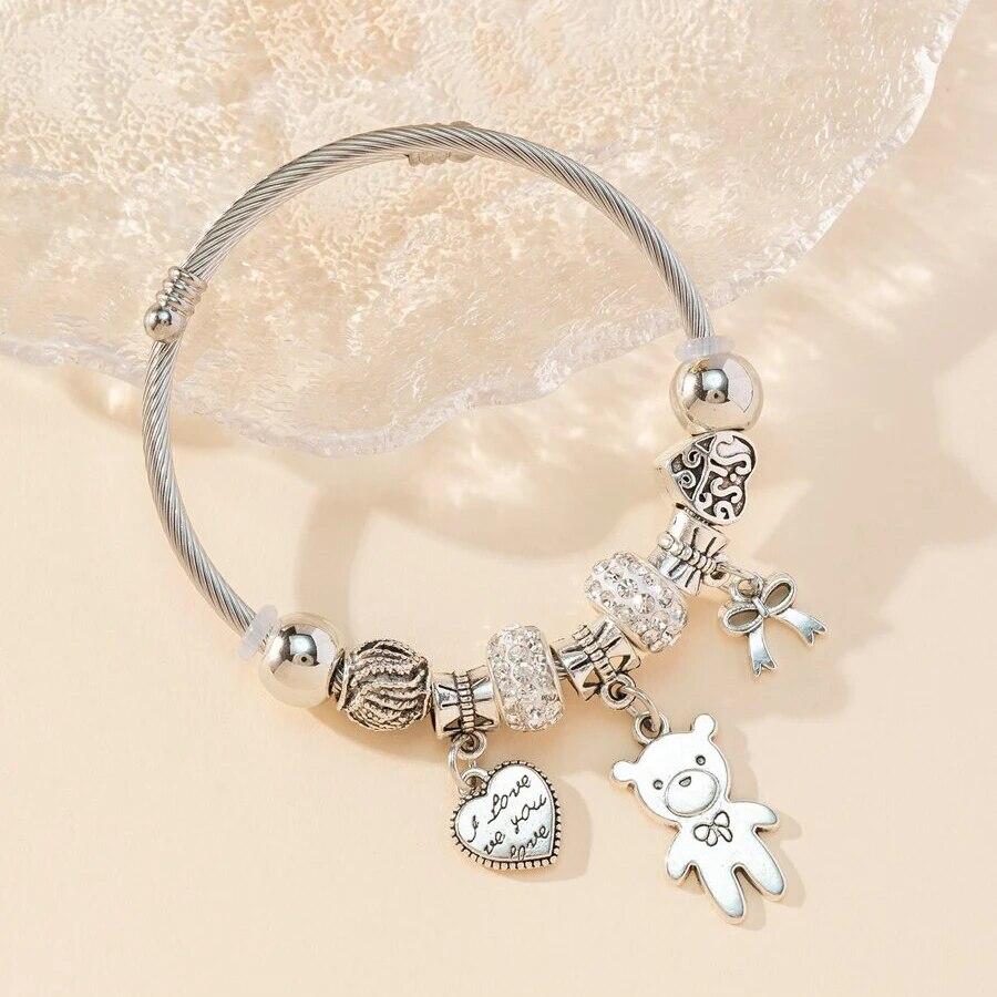 Obega Key Lock Crown Charm Bracelet Pink Glass Beads Elephant Bear Fatima Hand Clock Charm Bracelets Women Jewelry Love Gift