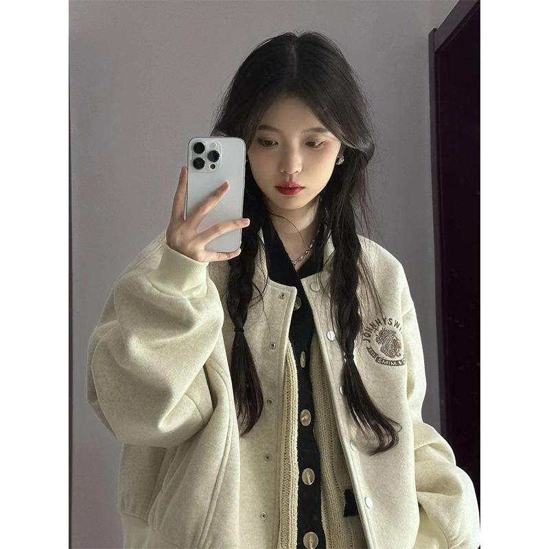 Women's Long Sleeve Baseball Jacket Solid Color Loose Oversized Casual Coat Lazy Style Button Outerwear
