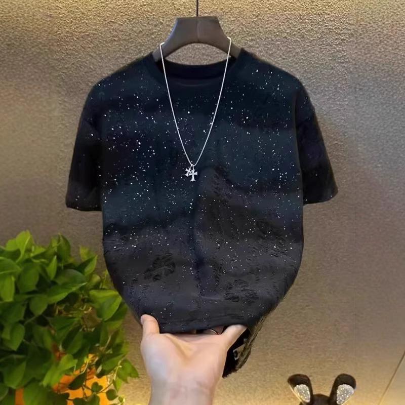 Men's Trendy Sequin Gradient Star T-Shirt - Light Luxury Korean Style, Short-Sleeve, Round Neck, Ripped Design