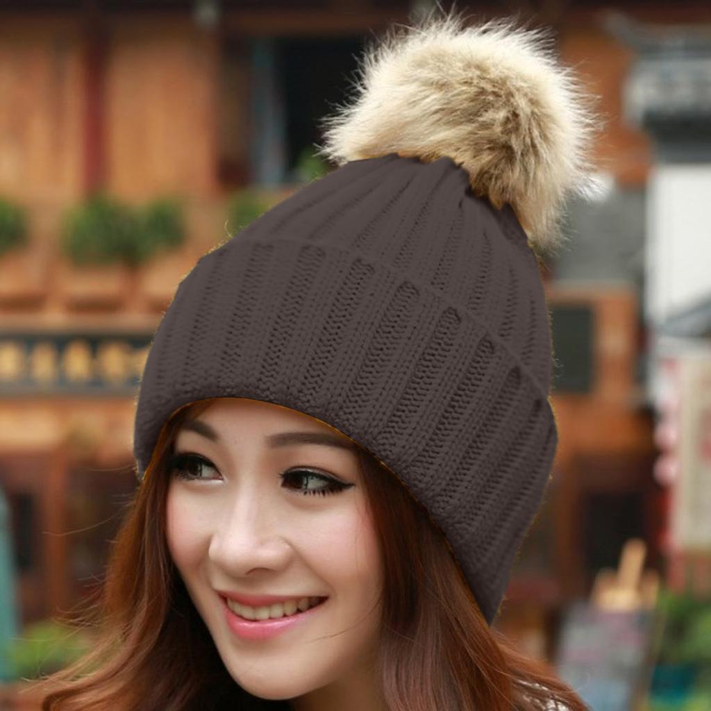 Women Winter Warm Knitted  Cute  F-ur Ball Yarn Hat