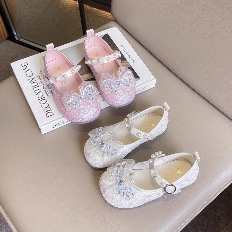 Girls princess leather shoes 2025 autumn new baby crystal single shoes versatile casual princess style performance shoes student shoes