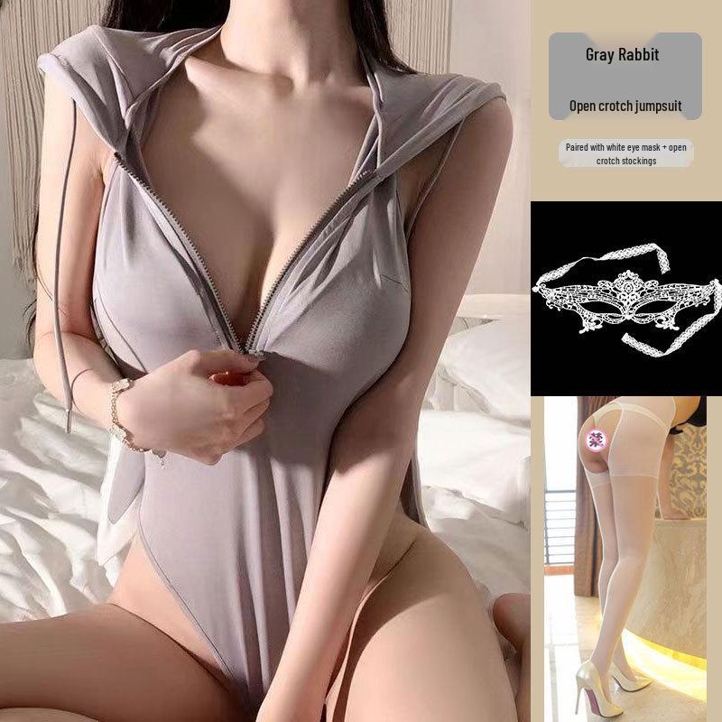 Mu Xiaochu Zipper Open Cup Bodycon Push-Up Bunny Bodysuit Lingerie