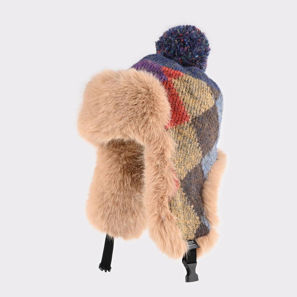 Retro plaid knitted hat women's winter warm plush thickened ear protection hat plush wool hat tide