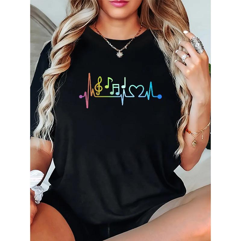 

European Size Women s Casual Sports T-Shirt, Round Neck, Short Sleeve, Colorful Musical Note Print Holiday Comfort Summer Top 4XL