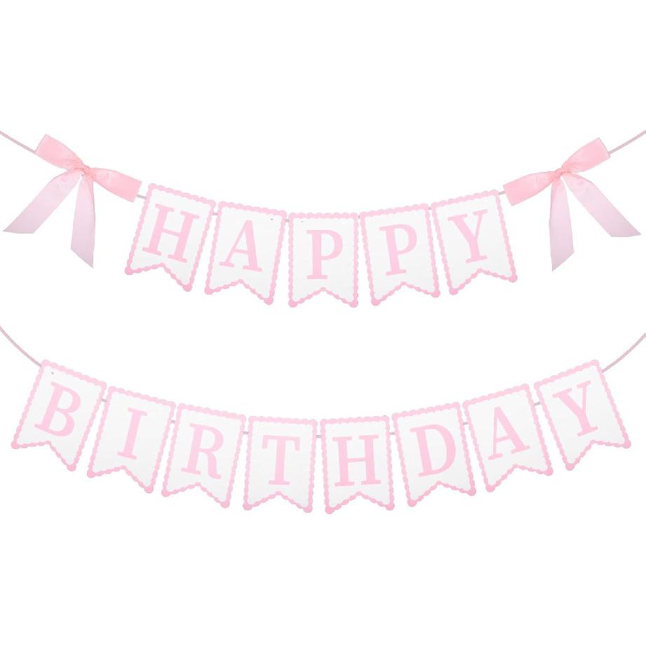 JIEYAO Pink Bow Happy Birthday Banner, Coquette Birthday Garland with Scalloped Letters for Bow Birthday Decorations Women Cake Smash Party