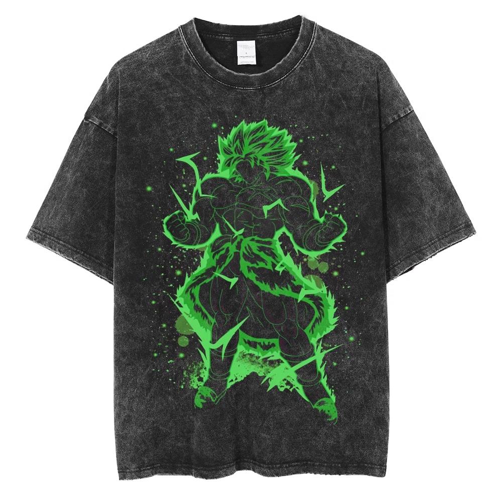 Dragon Ball Broly Super Saiyan Green Flame Nostalgic Washed Men T-Shirt Cotton Men's and Women's Summer Top