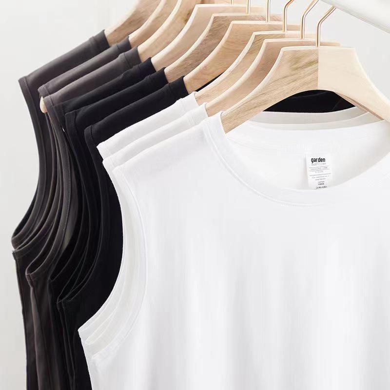 Men's White 230g Pure Cotton Summer Tank Top - Loose Fit, Crew Neck, Sleeveless Vest, Wide Shoulder.