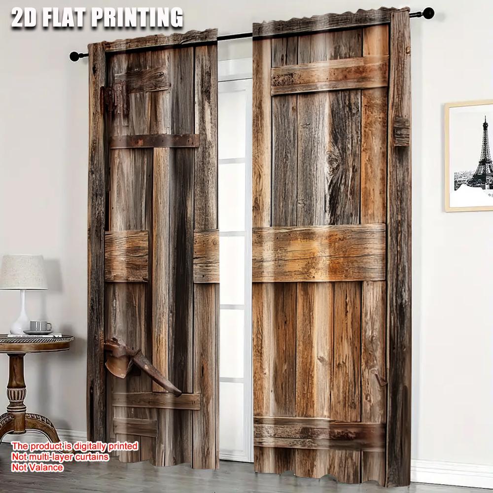 2pcs, Curtain Cloth 2D plane printing Rustic Chic Wooden Barn Door Versatile Polyester (without rod) Stuff Clearance for Bedroom 60×150cm