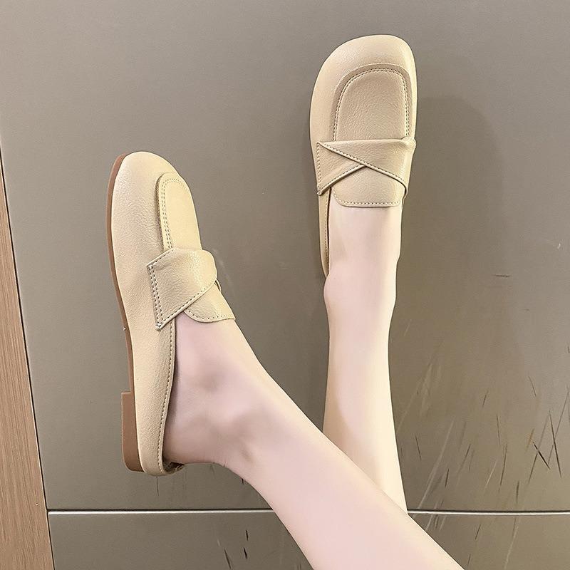 Fashion Classic Woman Square Closed Toe Slippers Summer Mules Flat Shoes Fashion Pu Leather Casual Sandals Women Wedding Shoes De Mujer