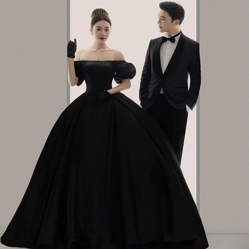 Satin main wedding dress 2025 spring new wedding dress Hepburn style black slimming dress