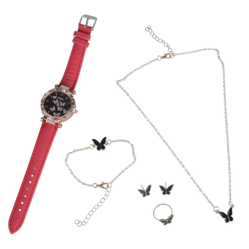 6pcs/set Luxury Watch Women Rings Necklace Earrings Bracelet Set Butterfly Leather Strap Watches Lady Wristwatch No Case