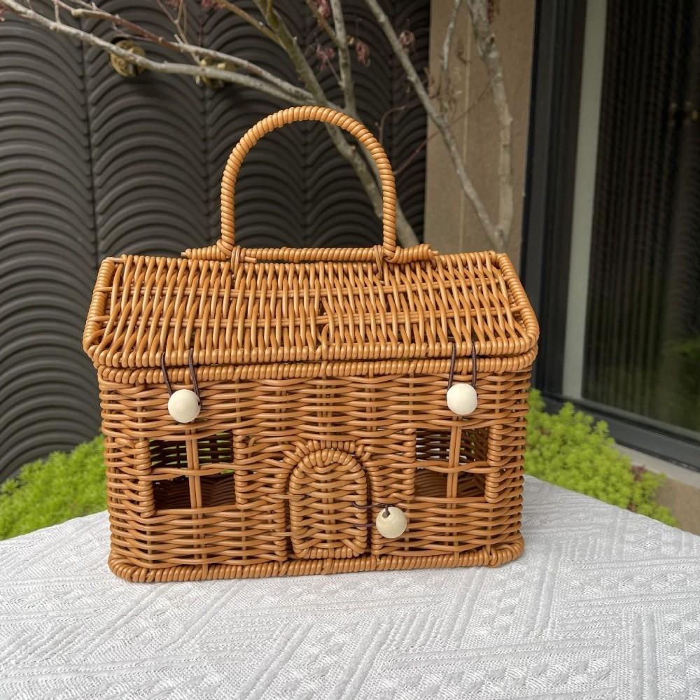 Vintage Style Handheld Gift Box With Handle Woven Storage Basket Desktop Organizer Picnic Supplies коричневый