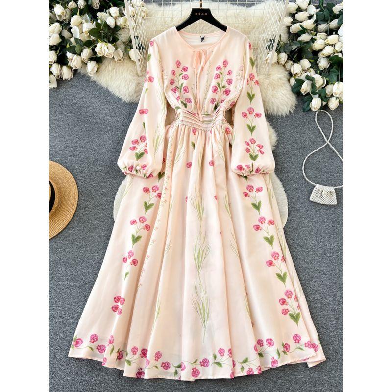 Long Sleeves Positioning Print Swing Slimming Retro Dress