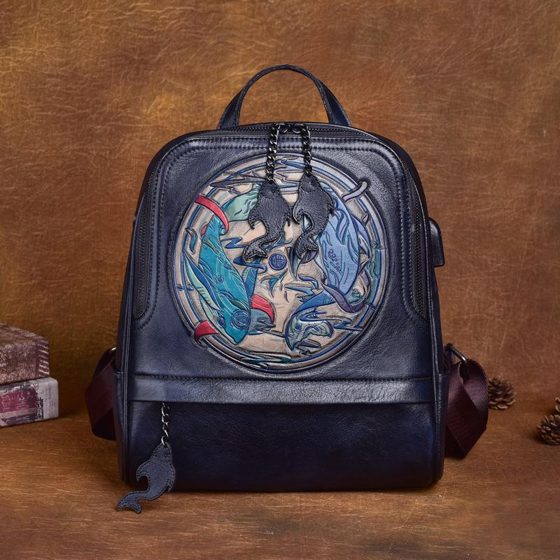 Leather Shoulder Bun Top Layer Cowhide Creative Backpack Printed Handmade Vintage Travel Bag