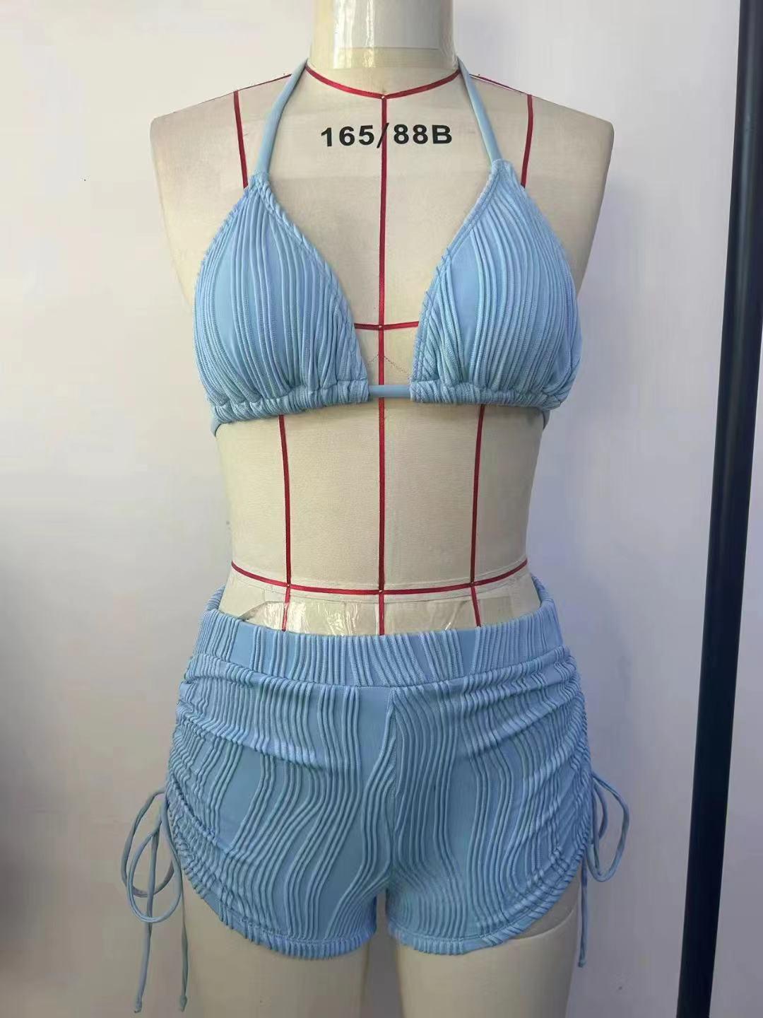 

Женский сексуальный купальник халтер без спины с волнистым узором, со сборками, шортики бойлеги XL светло-синий