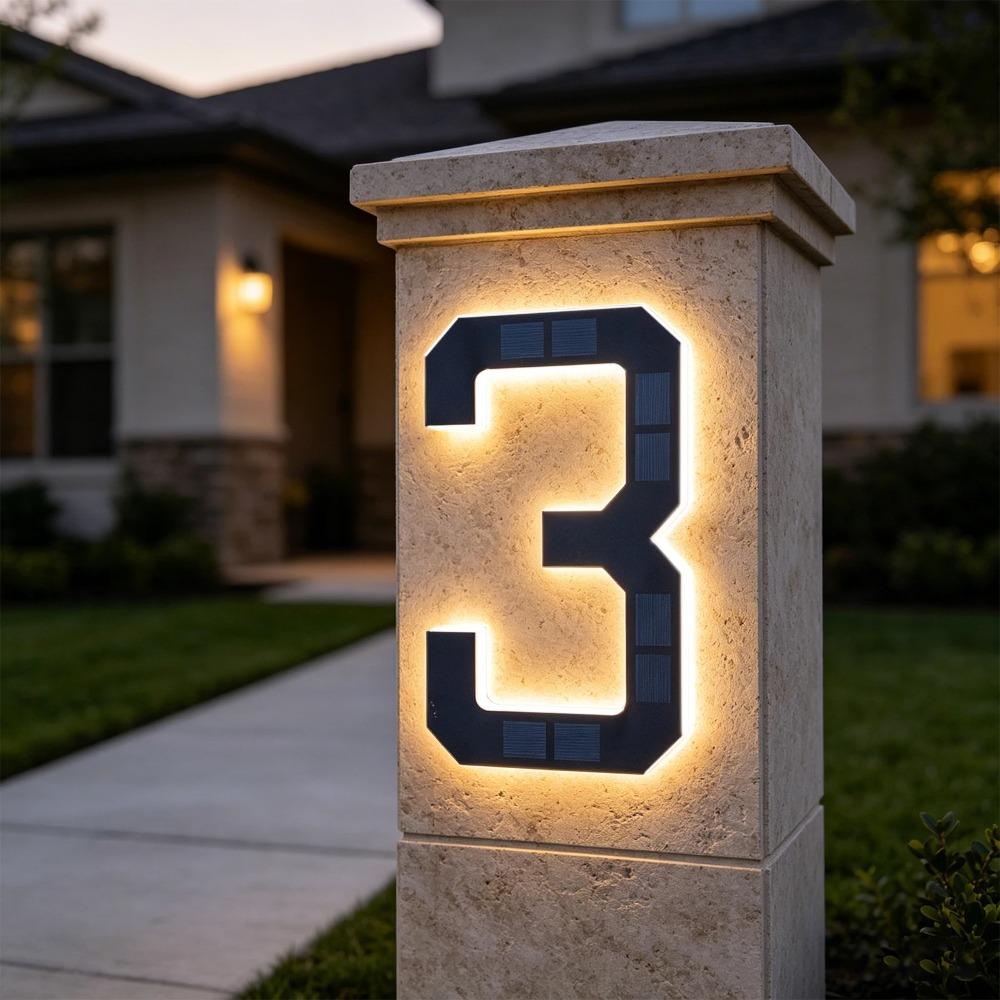 LED Solar House Number Light, IP44 Waterproof Outdoor Glowing Address Signs, Illuminated Address Plaque for Home Hotel Office