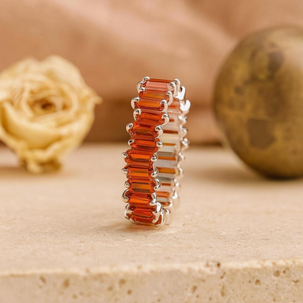 Yellow Gold Plated 925 Sterling Silver Garnet Eternity Band – Baguette Cut Red Stone Wide Statement Ring, Wedding & Anniversary Jewelry for Women