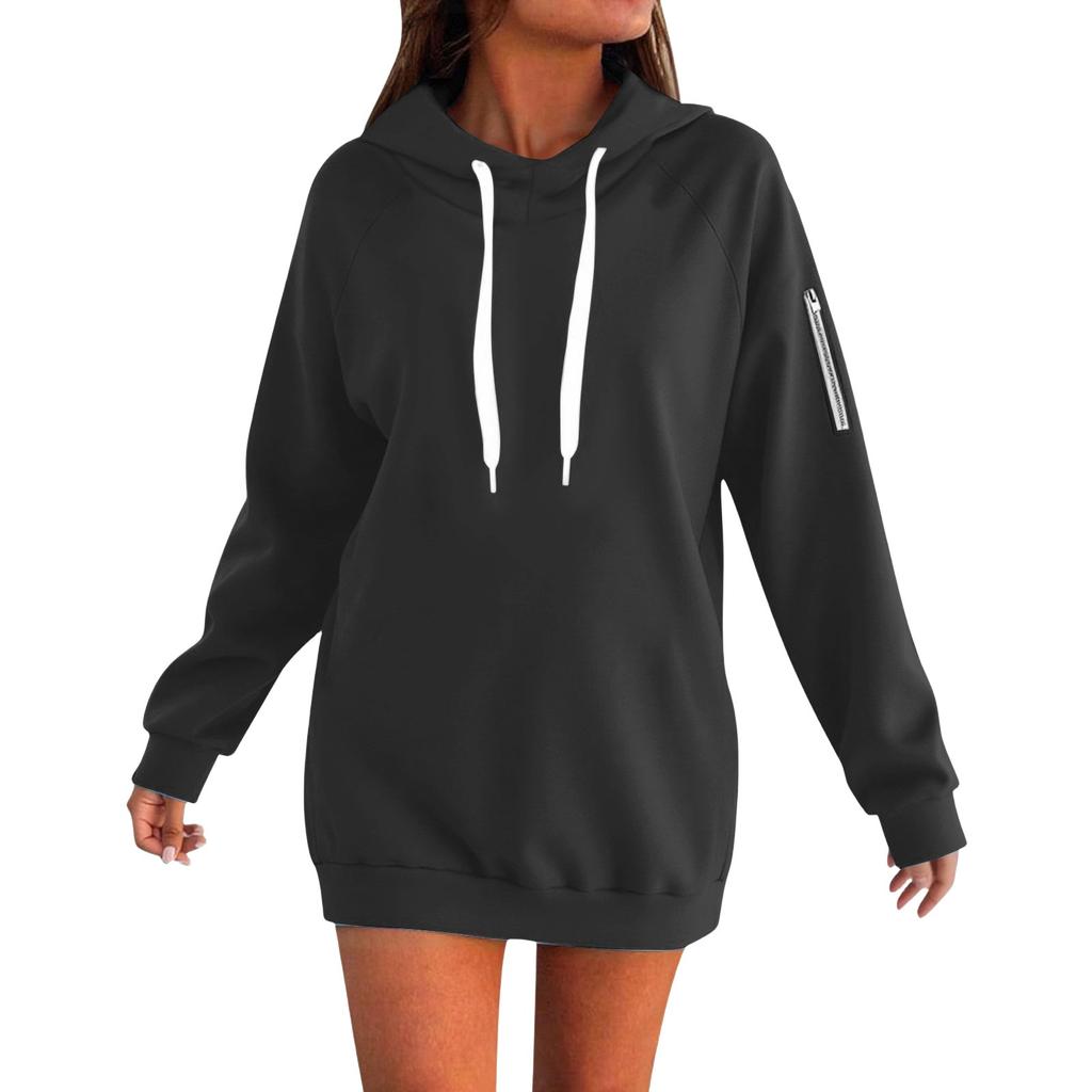 Women's Loose Long Sleeved Solid Color Hooded Sweatshirt With Velvet Drawstring