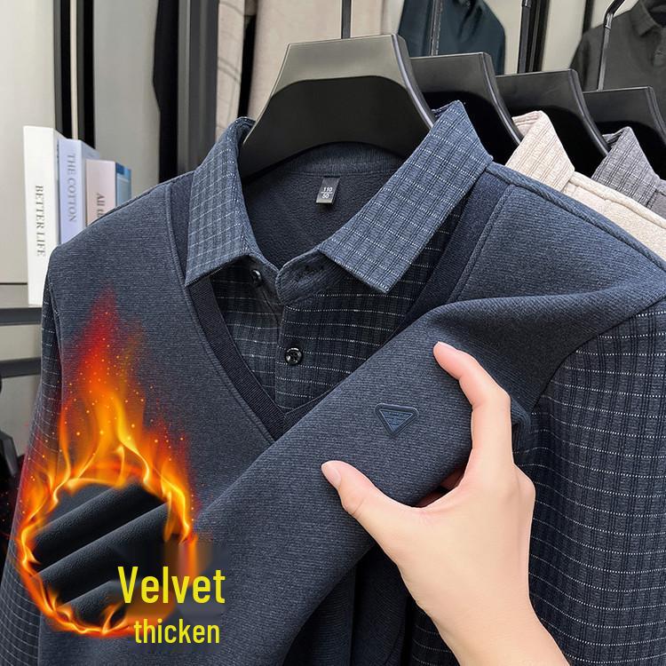 2025 Winter Men's Faux Two-Piece Sweater: New Thick Knit with Shirt Collar and Warm Velvet Layer