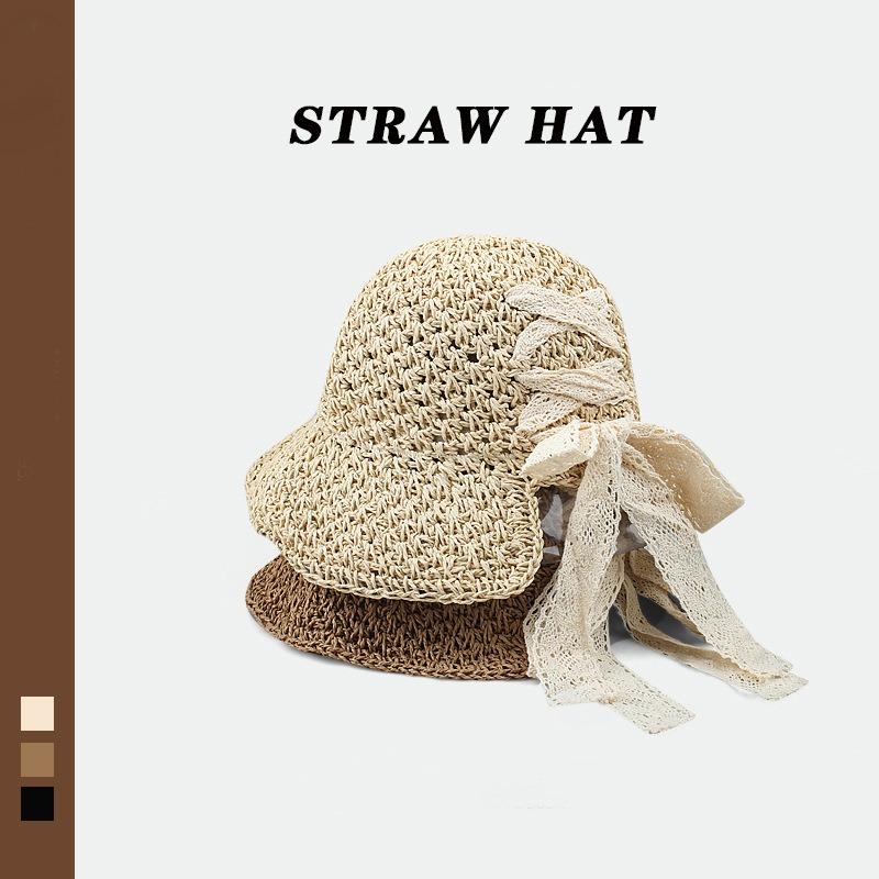 Lace Bow Straw Hat Women's Sun Hat Summer Foldable Big Brim Sun Hat Seaside Vacation Beach Sun Hat