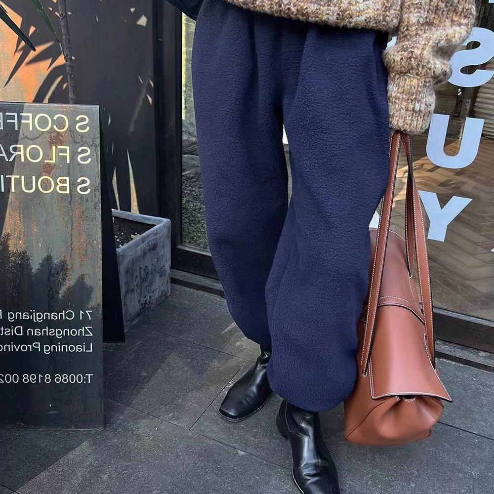 

Women Chic Fleece Pants Fashion Solid Simple Loose Leisure Young Popular All-match Soft Warm Trousers Girls Thicker Ins New BF XS синий