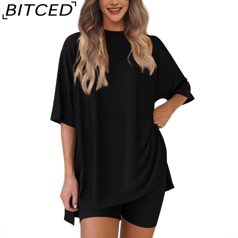 BITCED Women's Spring/Summer Loose-Fit Fashion Solid-Colour Casual Short-Sleeved Top and Shorts Two-Piece Set