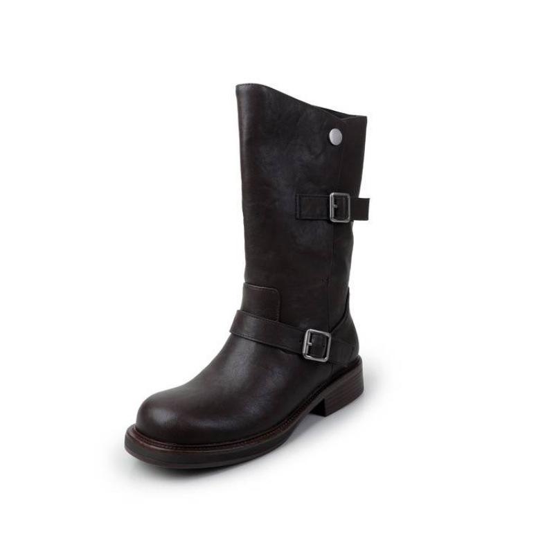 Autumn and winter leather women's boots solid color sleeve middle heel round head large tube circumference versatile large size leather boots medium 