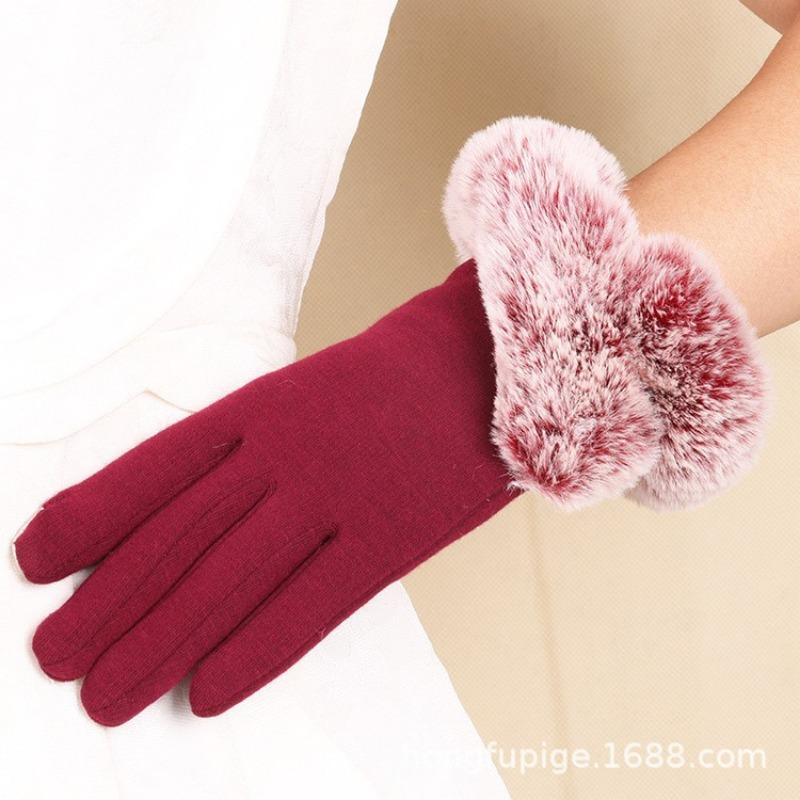 Warm gloves autumn and winter women's bow thickened fleece cold-proof outdoor riding non-inverted fleece touch screen gloves