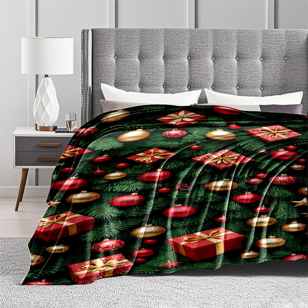 Christmas Tree Blanket with Red Baubles and Gift Box Pattern Blanket, Suitable for Use In the Bedroom, Living Room, On the Sofa