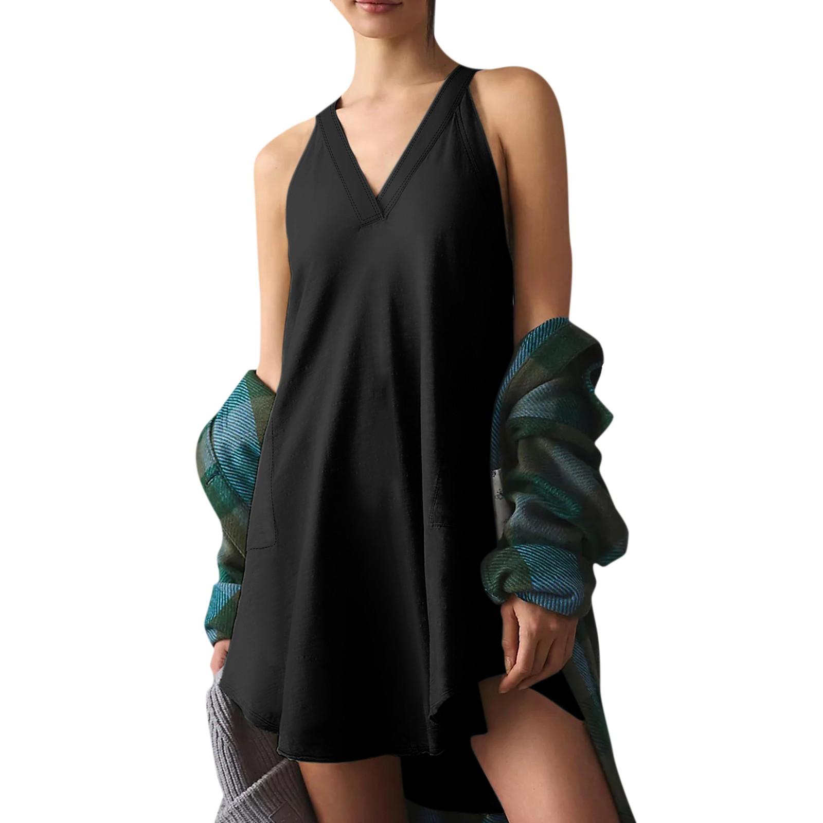 

Женское платье с v-образным вырезом, однотонное платье без рукавов, повседневный пуловер с круглым вырезом на спине, сарафан XL чёрный